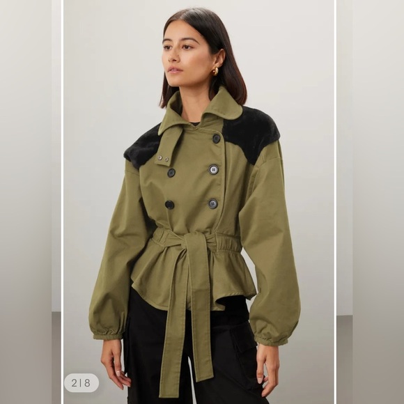 MARISSA WEBB Faux Fur Belted Coat Olive Green Utility Trench Jacket Size 6 - Picture 5 of 13